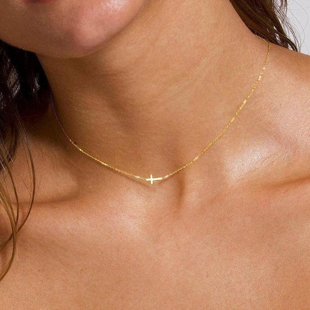 Trendy Gold Cross Necklace for Women - Hypoallergenic Sideway Choker Style - Picture 2 of 7